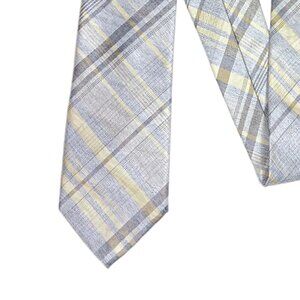 Calvin Klein Silk Blend Tie Men’s 59” Gray Yellow Plaid Designer Classic New